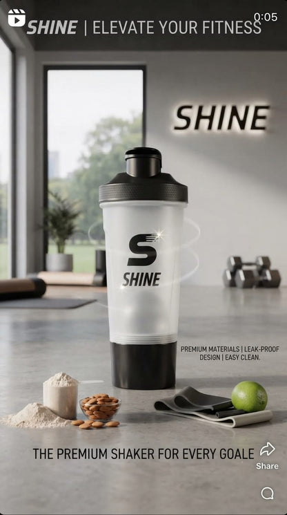 Shine 600ml Shaker Bottle with Storage Pod  100% Leak-Proof Protein & Pre-Workout Mixer