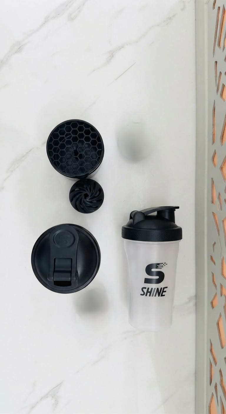 Shine 600ml Shaker Bottle with Storage Pod  100% Leak-Proof Protein & Pre-Workout Mixer